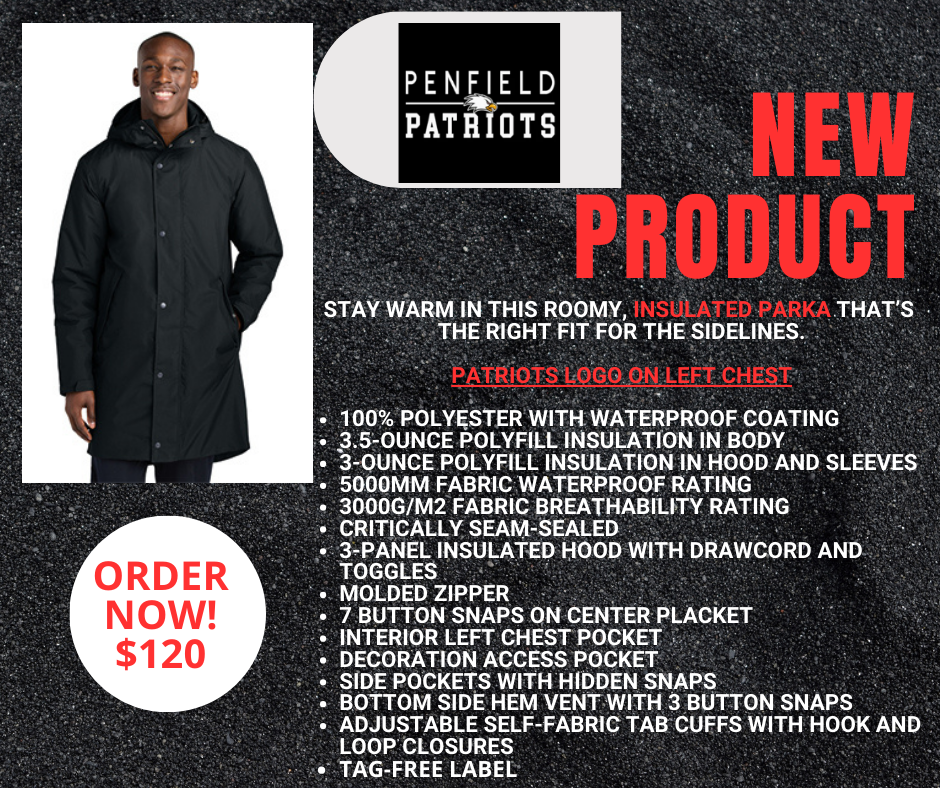 Patriots Sport-Tek® Waterproof Insulated Sideline Parka- Patriots Logo on LEFT chest